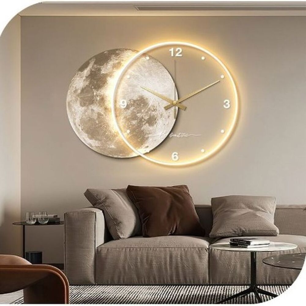 Luxury Full Moon LED Wall Clock styled in living room above sofa