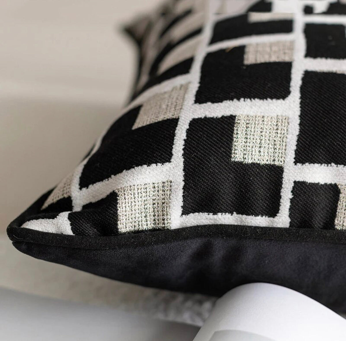 Alternate view of the square black and cream geometric cushion