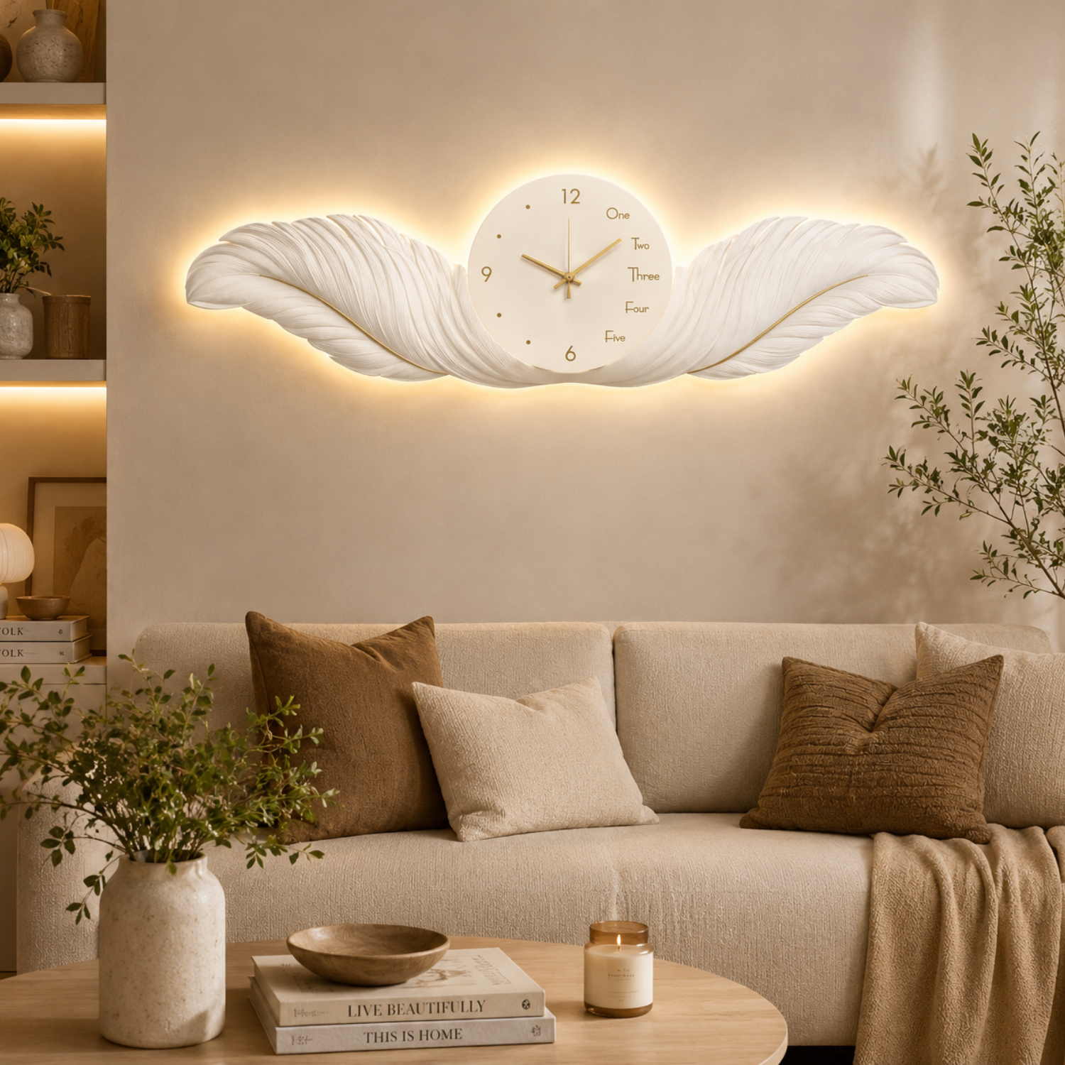 Luxury White Angel Wings LED Wall Clock styled in living room above sofa