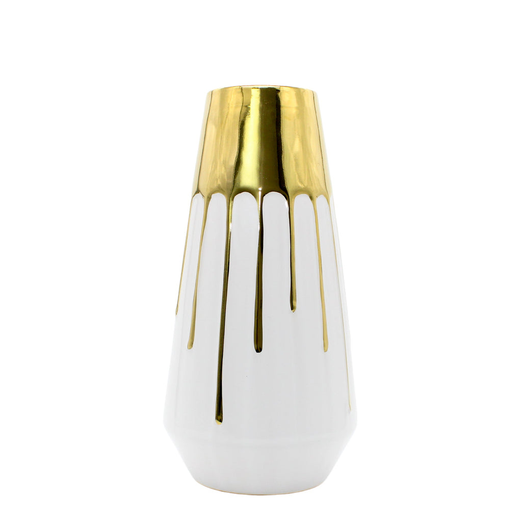 Gold Drip Effect Ceramic Jar Vase – White & Gold