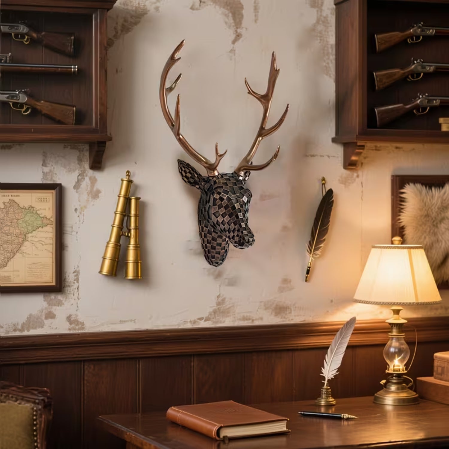 Decorative metal deer head mounted on a wall with hunting trophies and a lamp.