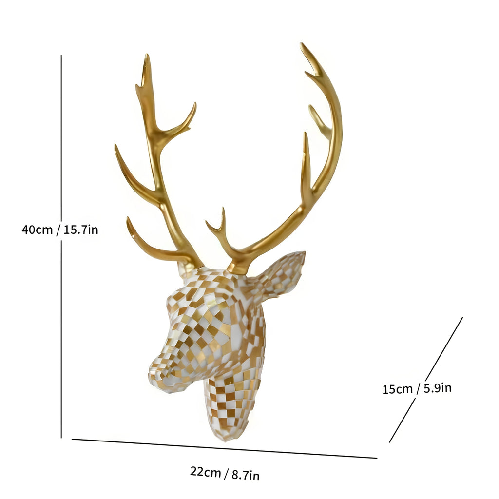 Gold and white geometric deer head wall decor with antlers, shown with dimension lines and measurements of 40cm in height, 22cm in width, and 15cm in depth on a white background.