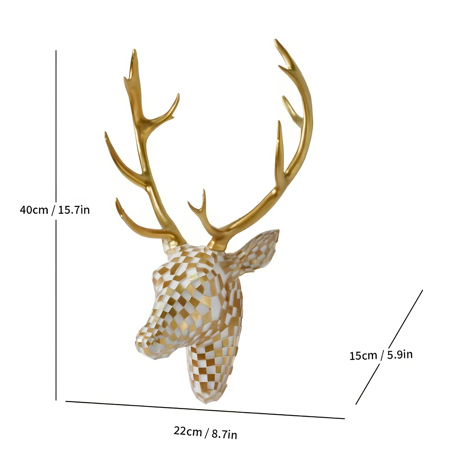 Gold and white geometric deer head wall decor with antlers, shown with dimension lines and measurements of 40cm in height, 22cm in width, and 15cm in depth on a white background.