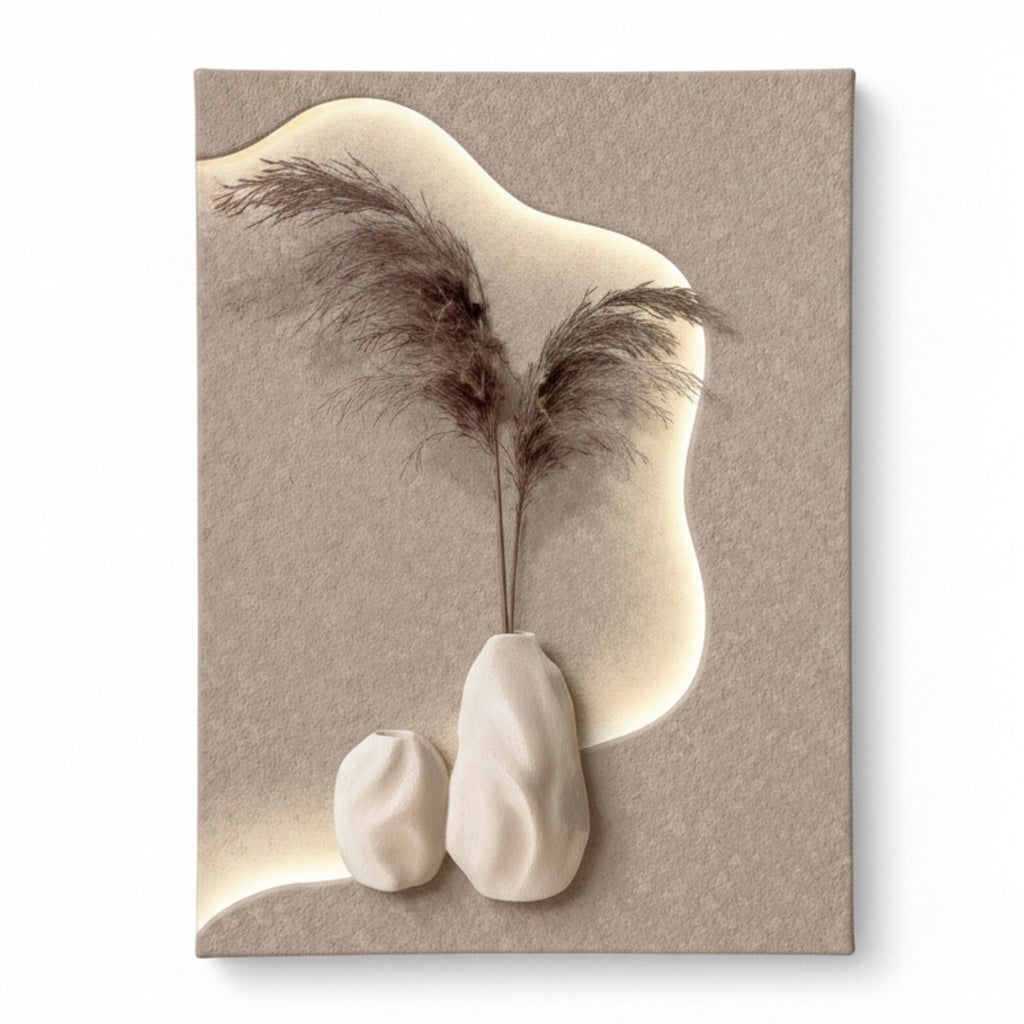 A square wall art print or canvas featuring a minimalist beige composition with two small white vase forms, dried brown pampas grass, and an organic cream-colored illuminated shape on a textured beige background, shown against a white studio backdrop.