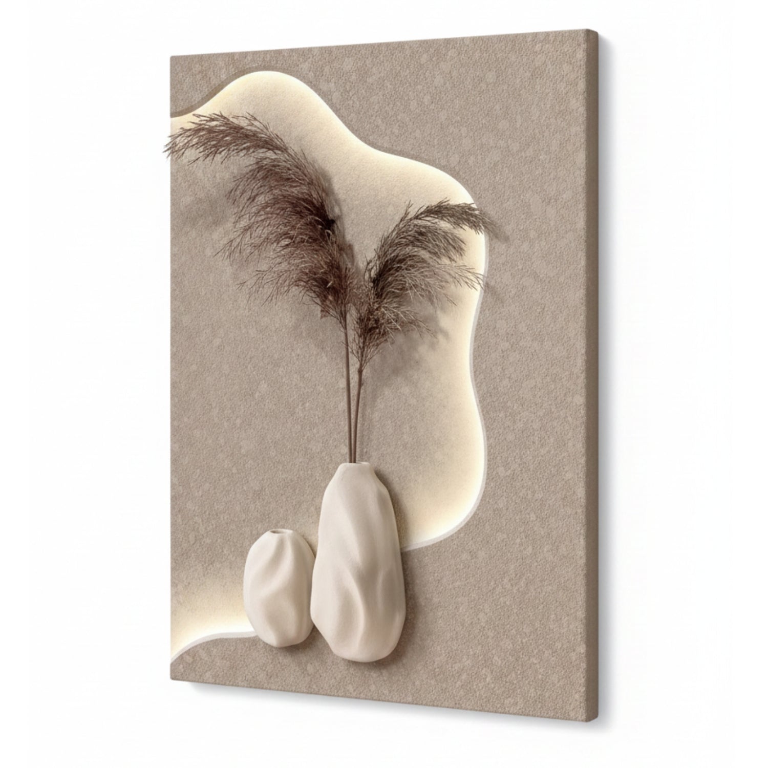 A vertical canvas wall art print featuring a minimalist beige and cream composition with two small sculptural vases holding dried pampas grass, shown against a clean white background.