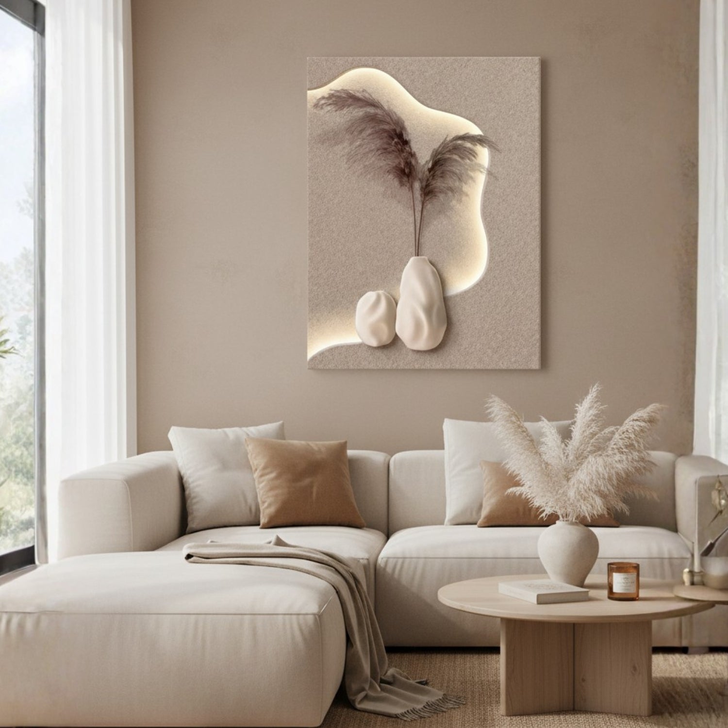 A vertical canvas wall art print featuring abstract beige and cream shapes with a pampas grass stem, displayed above a modern beige sectional sofa in a styled living room.