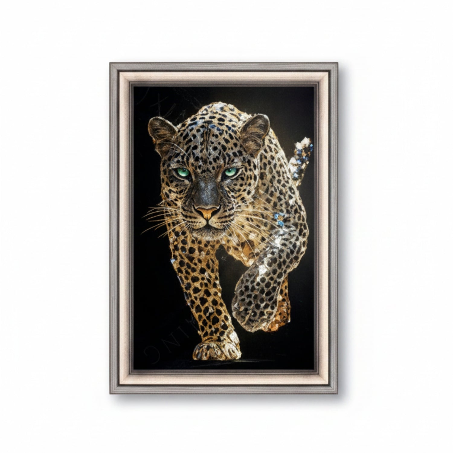 A framed art print depicting a detailed leopard with green eyes on a black background, enclosed in a silver and beige frame.