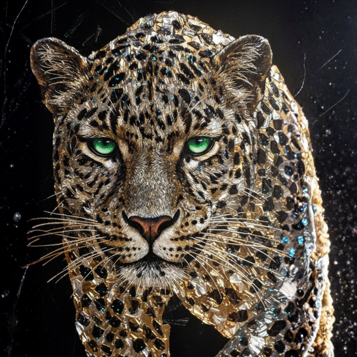 A close-up portrait of a leopard-like cat face and upper body covered in reflective, metallic mosaic tiles, with bright green eyes and a black background.