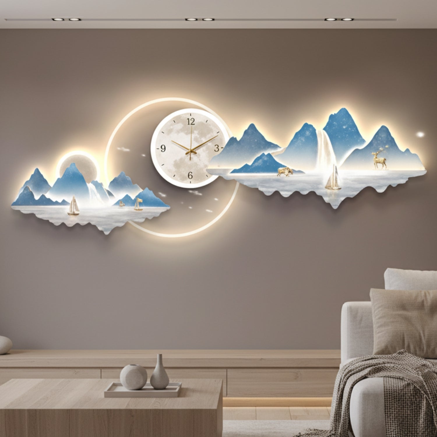 A 3D wall clock featuring a mountain landscape with a central round clock face, shown mounted on a gray wall above a wooden coffee table and next to a sofa in a modern living room.