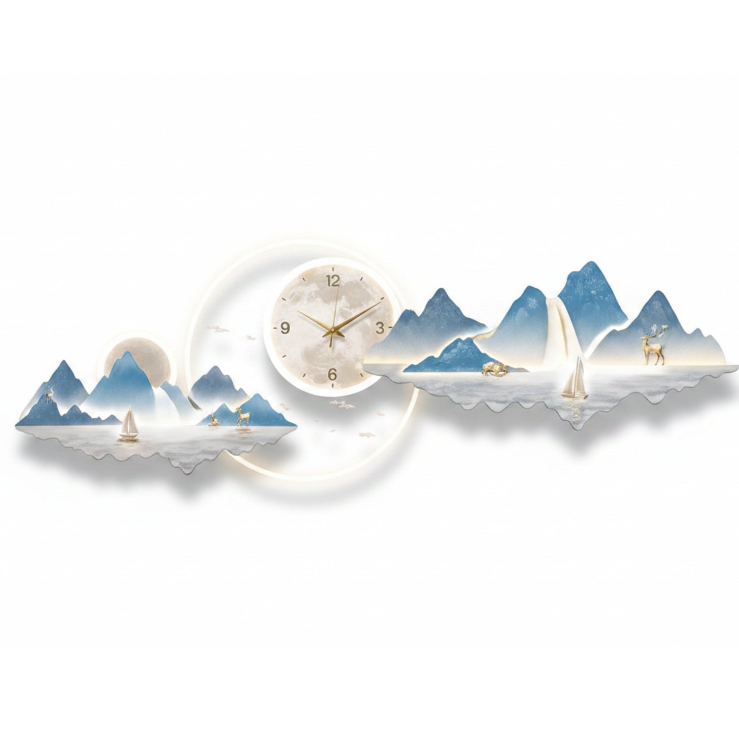 A decorative wall clock featuring a stylized mountain landscape with sailboats, a deer, a moon, and a central round clock face, shown on a plain white background.