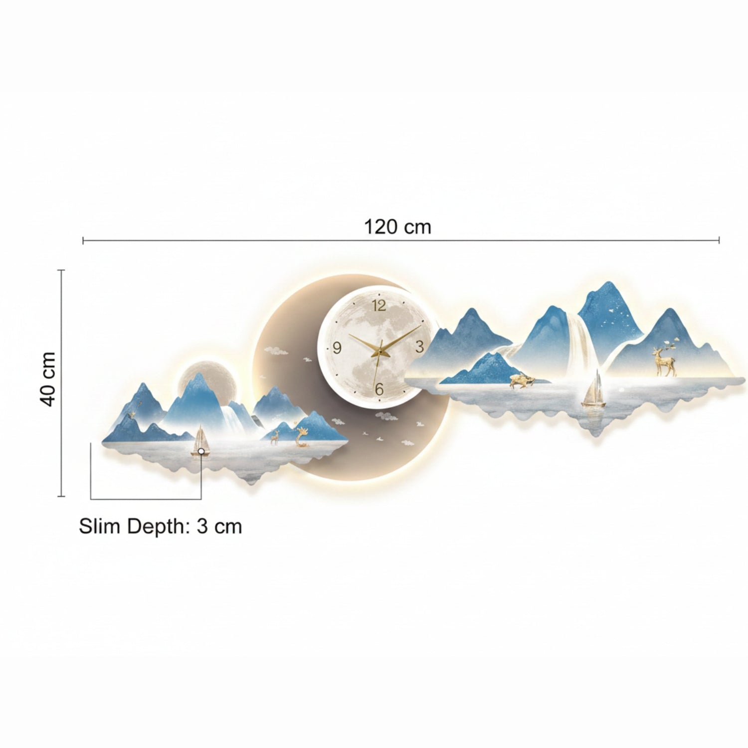 A wall clock with a minimalist mountain landscape design, shown with dimension lines indicating a width of 120 cm, height of 40 cm, and slim depth of 3 cm.