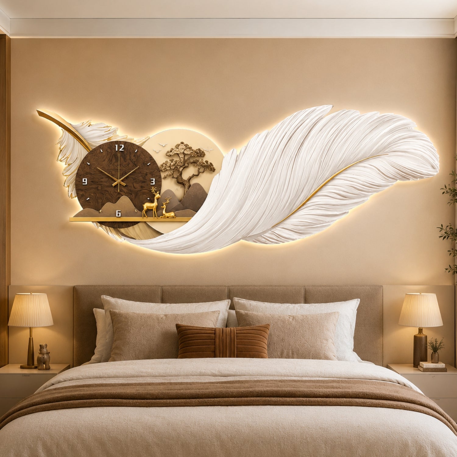 A large decorative wall clock mounted above a bed in a warm beige bedroom. The clock is integrated into a glowing white feather design with a small golden deer and tree motif.