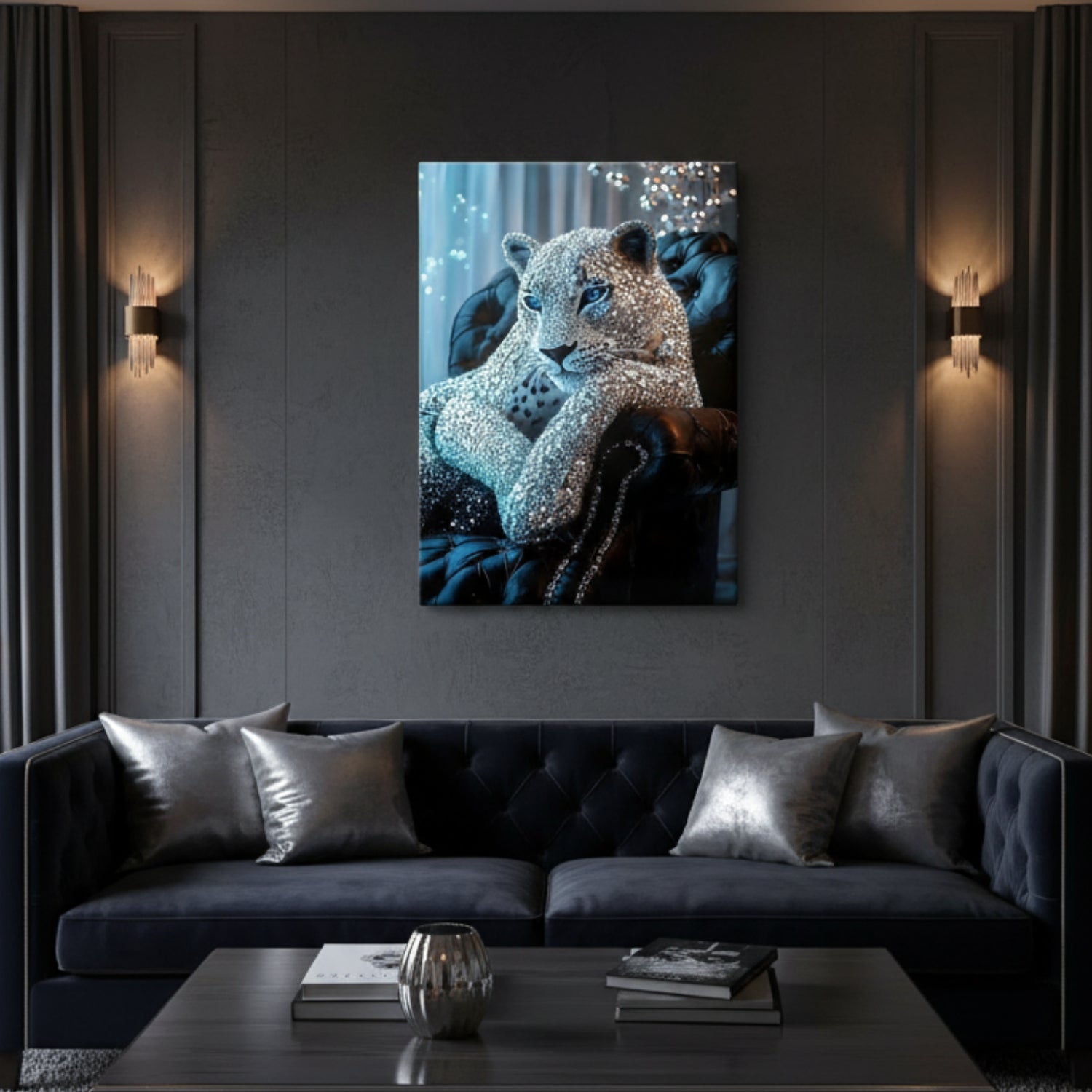 A large canvas wall art print depicting a glittering white leopard resting on a dark blue velvet couch, displayed in a modern living room setting above a dark tufted sofa.