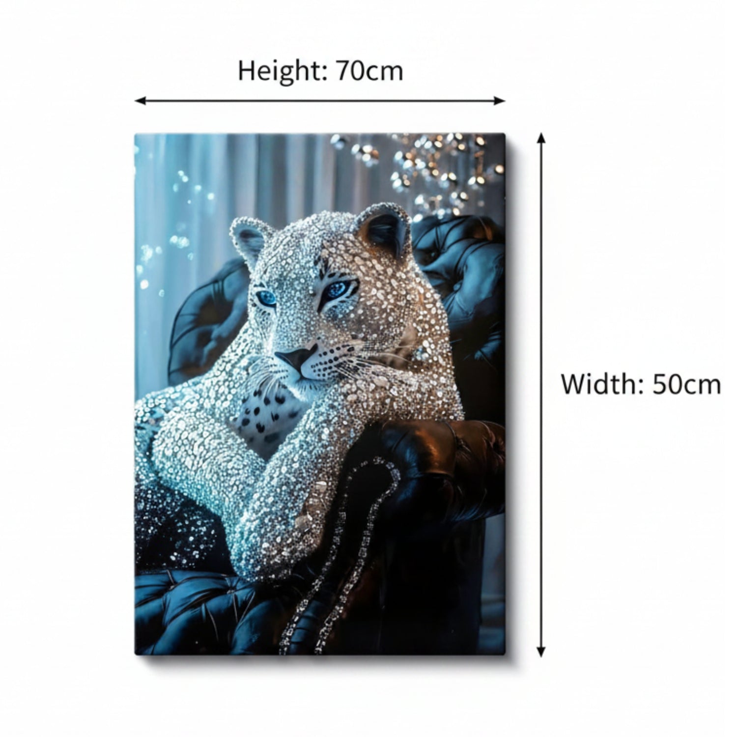 A vertical wall art print showing a jeweled leopard reclining on a dark leather chair, with dimension arrows and labels indicating 70 cm height and 50 cm width on a white background.