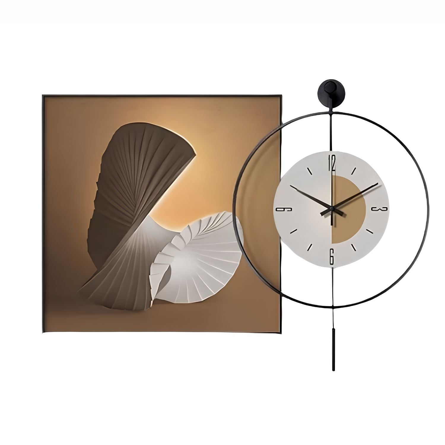 A modern wall-mounted clock shown beside a matching abstract art print. The clock has a thin black circular frame, a white face with black hands, and a tan center section.