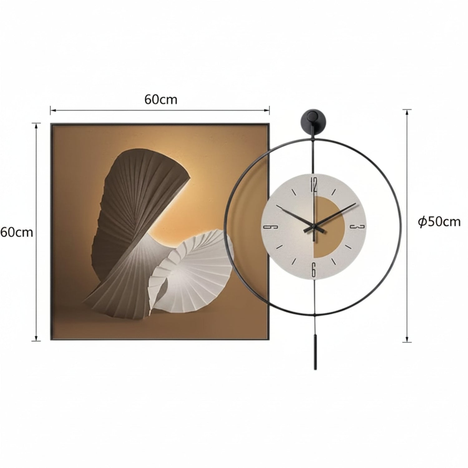 Modern wall art set featuring a square abstract canvas print and a matching round wall clock with dimension annotations on a white background.