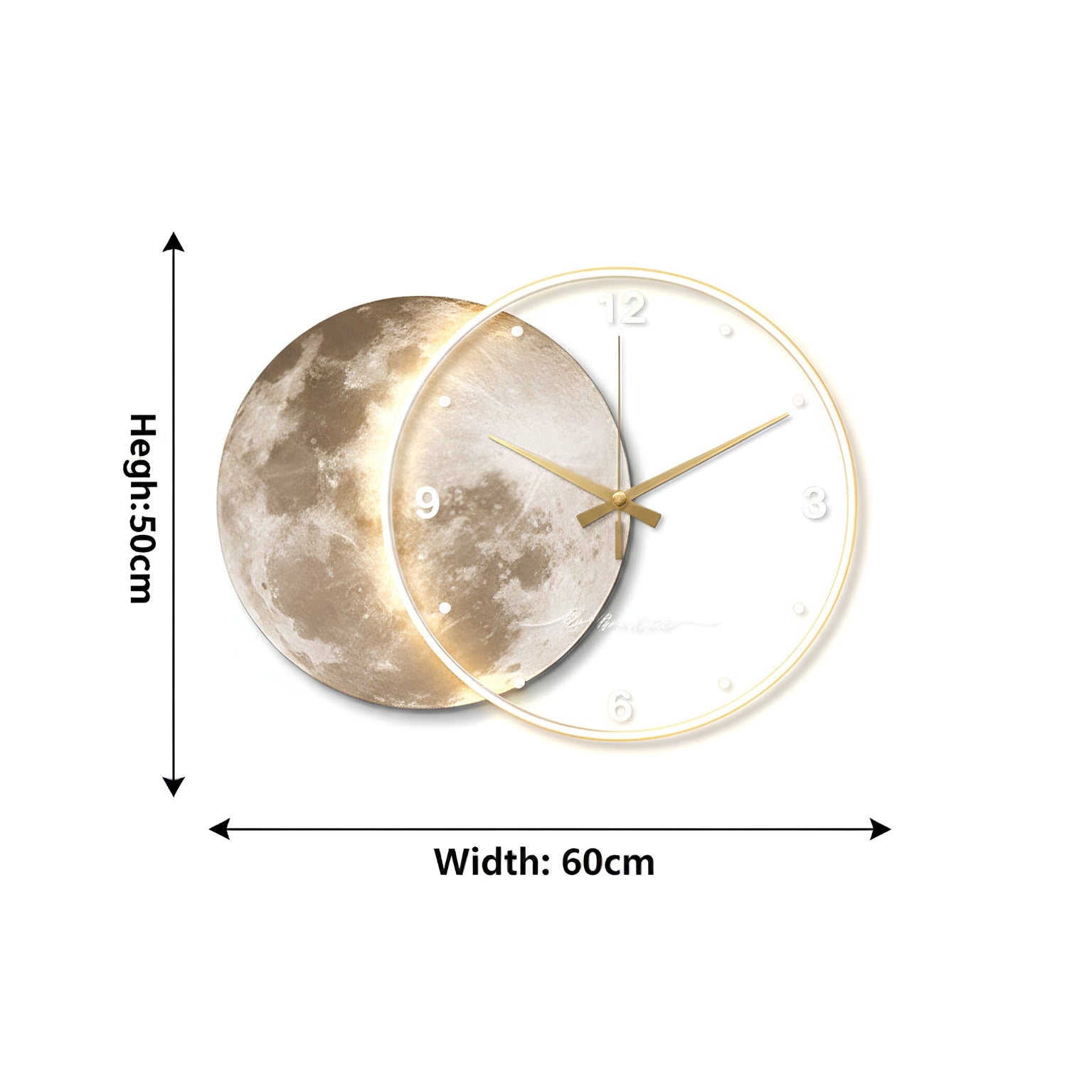 Moon-themed wall clock shown with dimension arrows and labels indicating a height of 50cm and width of 60cm on a plain white background.