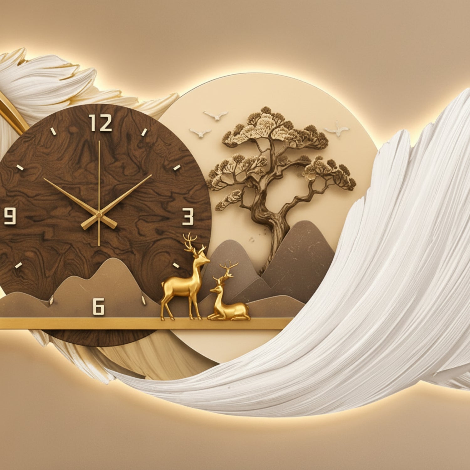 A decorative wall clock with a dark brown wood-grain face, gold hands, and a sculptural beige and gold scene featuring a tree, mountains, birds, and two deer, shown against a warm beige background with flowing white drapery.