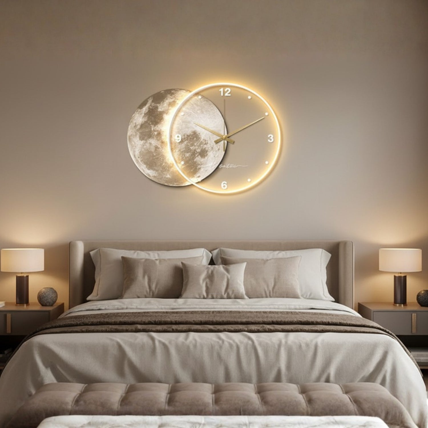 A modern wall clock featuring a moon design and glowing circular LED border