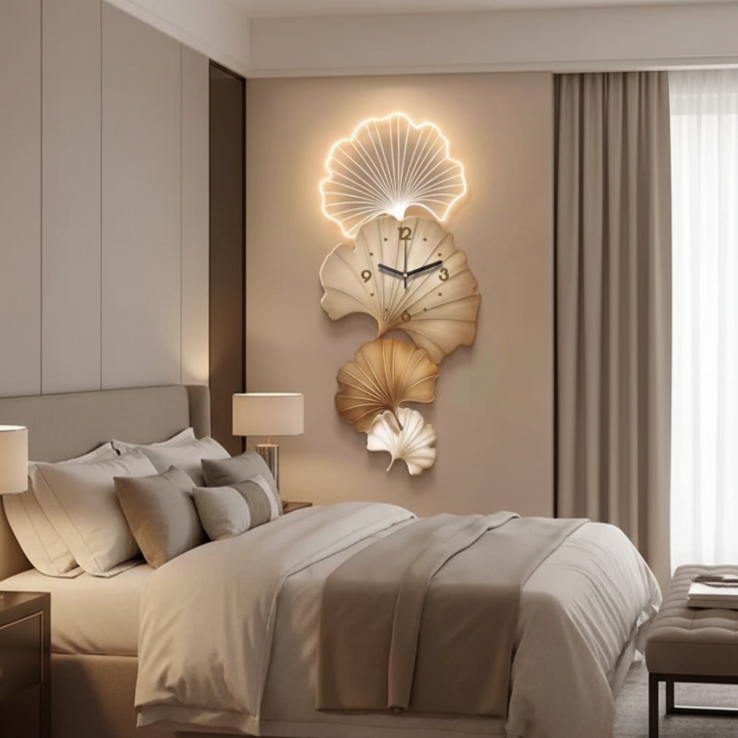 Nordic style large wall clock with LED ginkgo leaf light for bedroom and office
