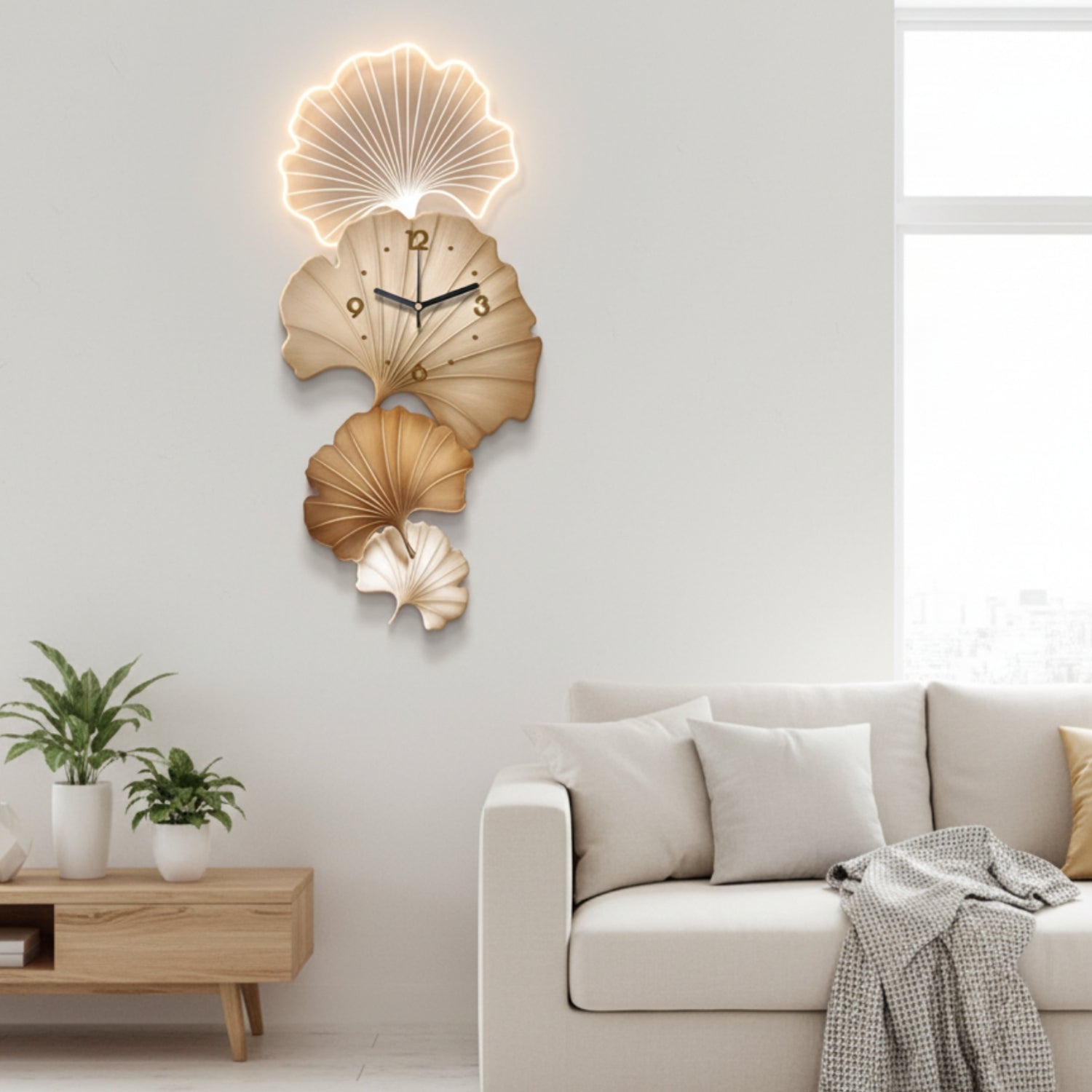 Large Ginkgo Leaf Wall Clock with LED Light - 150cm Modern 3D Decorative Clock in Beige and Gold for Living Room