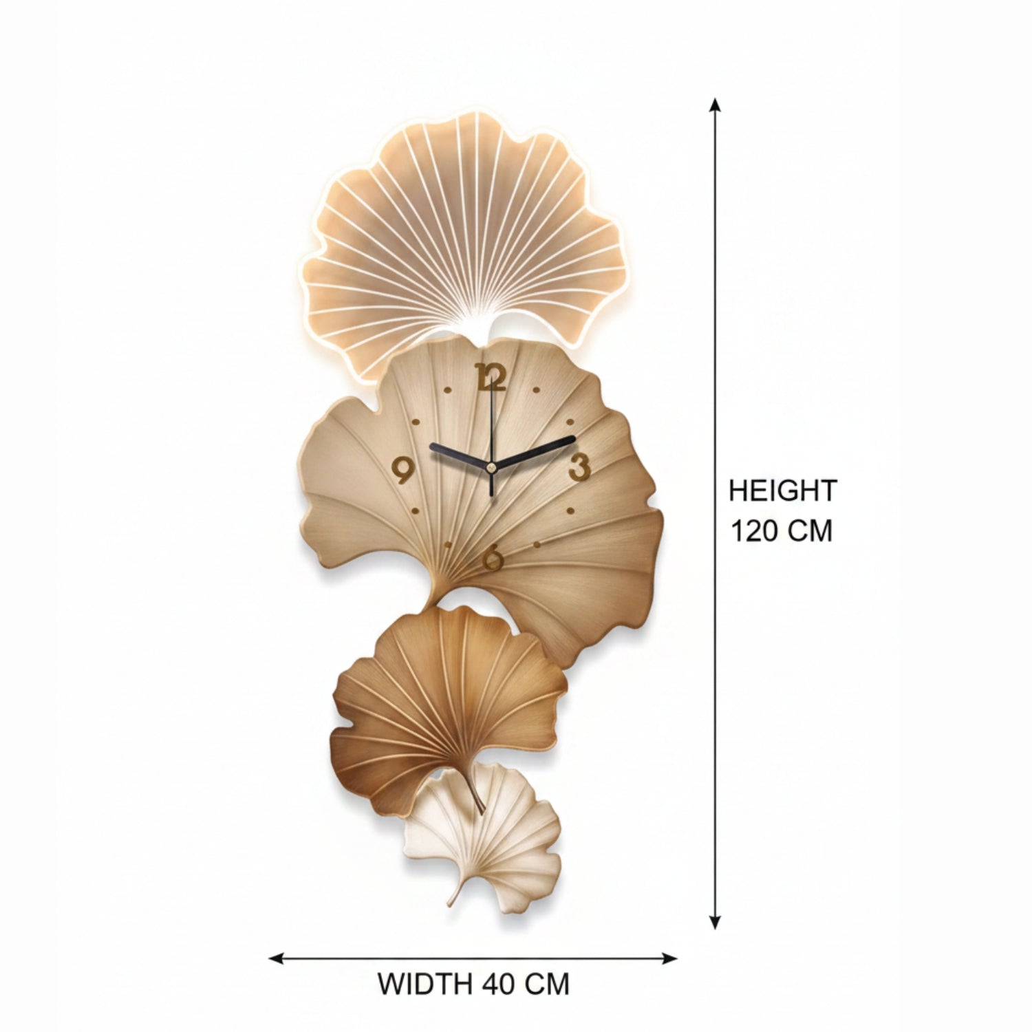 Ginkgo Leaf Wall Clock dimensions - Height 120 CM Width 40 CM - Large LED wall clock size chart