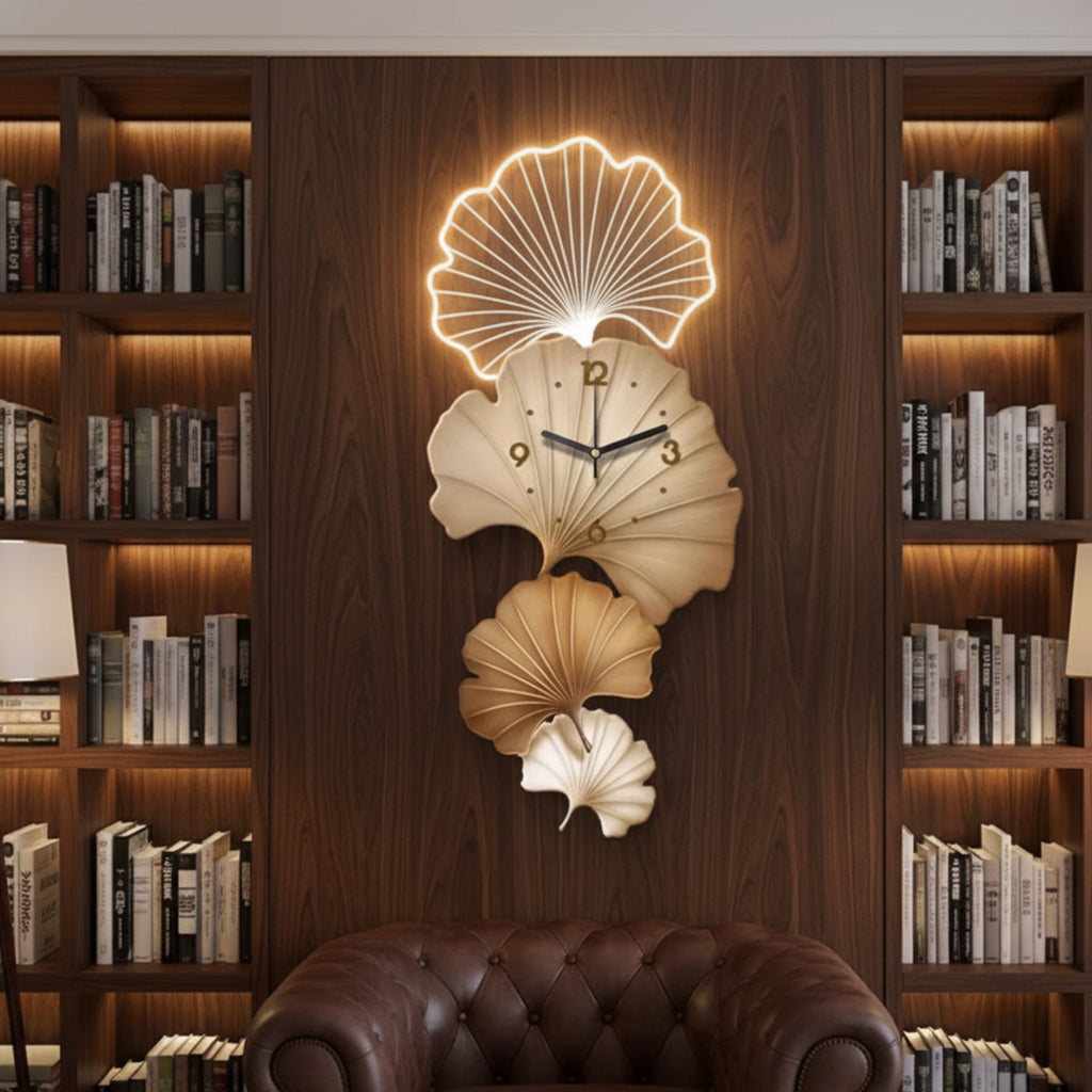 Large vertical wall clock with ginkgo leaves design for library and living room decor
