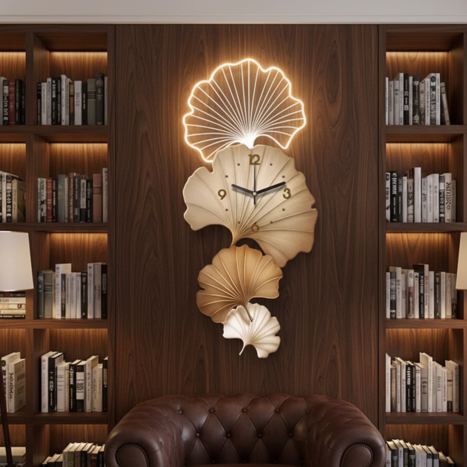 Large vertical wall clock with ginkgo leaves design for library and living room decor