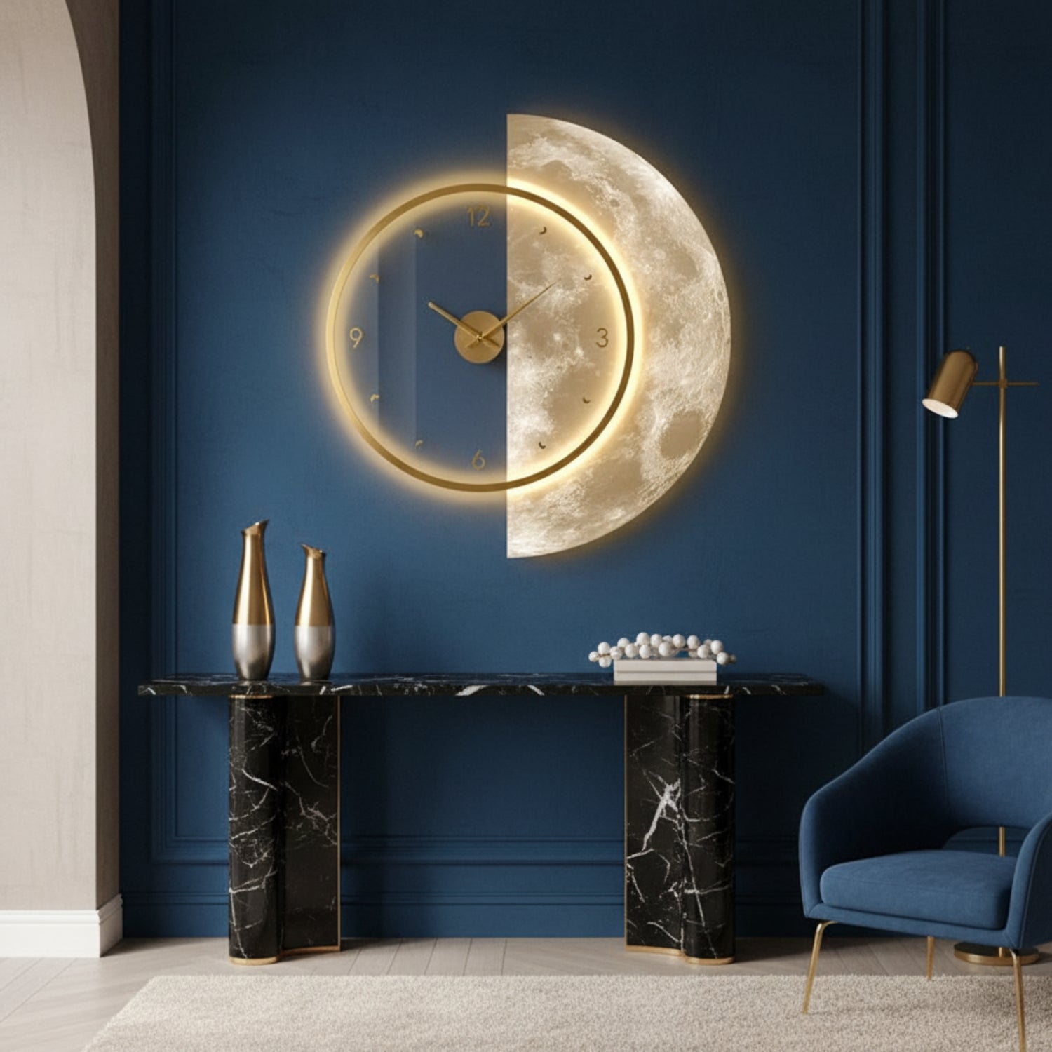 Luxury LED Moon Wall Clock - Modern 3D Crescent Moon Wall Art Clock With Light For Living Room Bedroom Decor