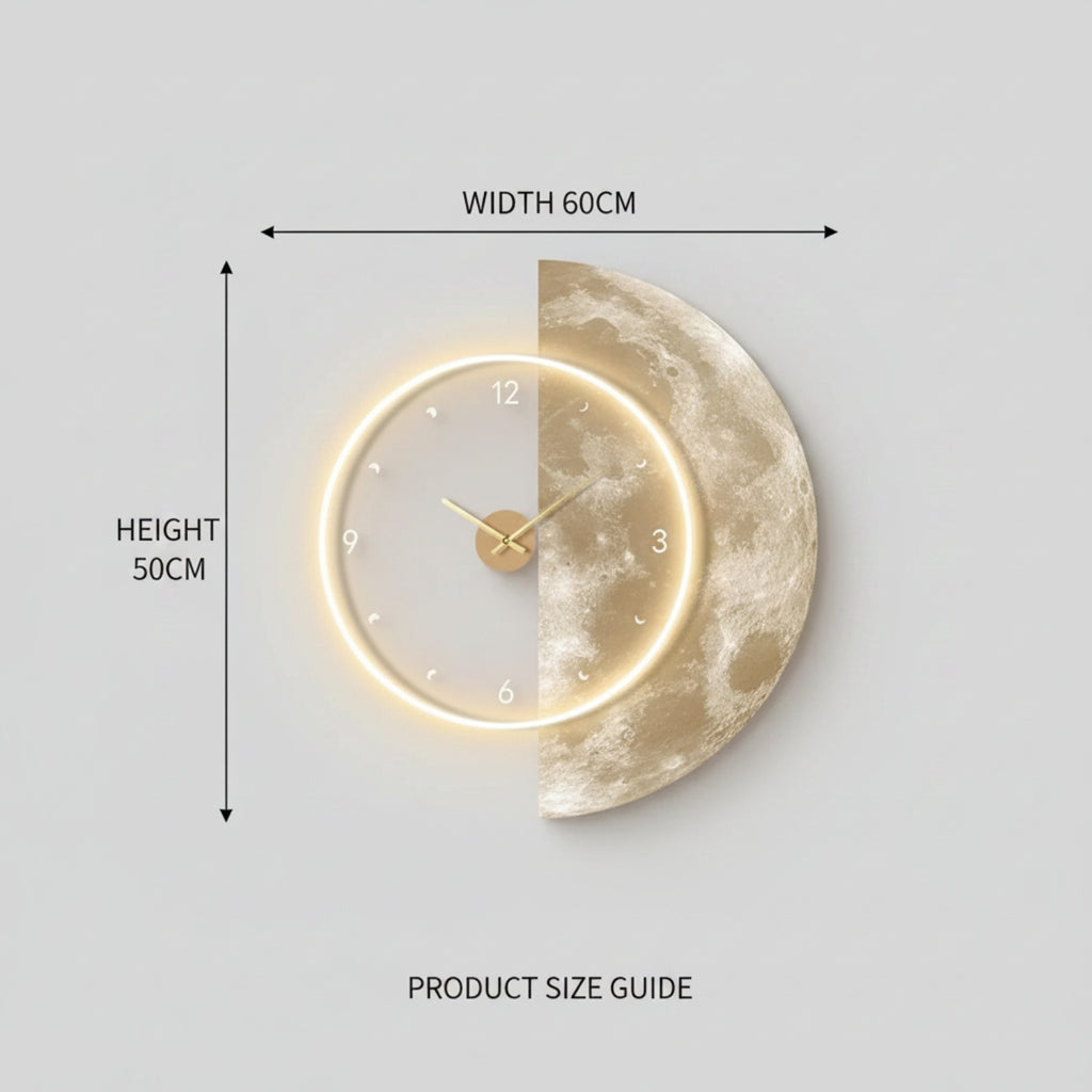 A moon-shaped wall clock shown on a light gray background with dimension arrows and text indicating width 60CM and height 50CM. The clock face is split vertically: the left half is white with black numerals and a glowing warm light ring, while the right half is a textured gold-toned moon surface.
