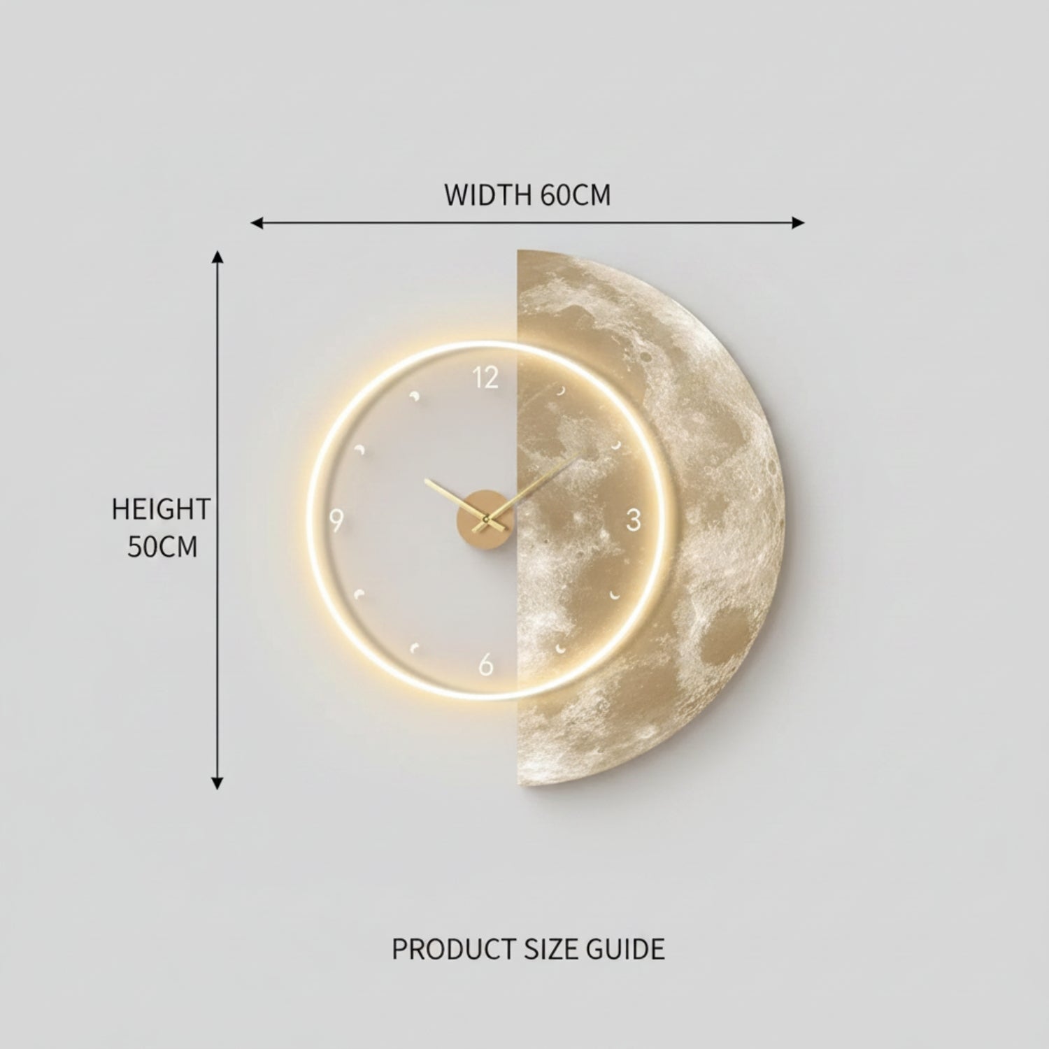 A moon-shaped wall clock shown on a light gray background with dimension arrows and text indicating width 60CM and height 50CM. The clock face is split vertically: the left half is white with black numerals and a glowing warm light ring, while the right half is a textured gold-toned moon surface.