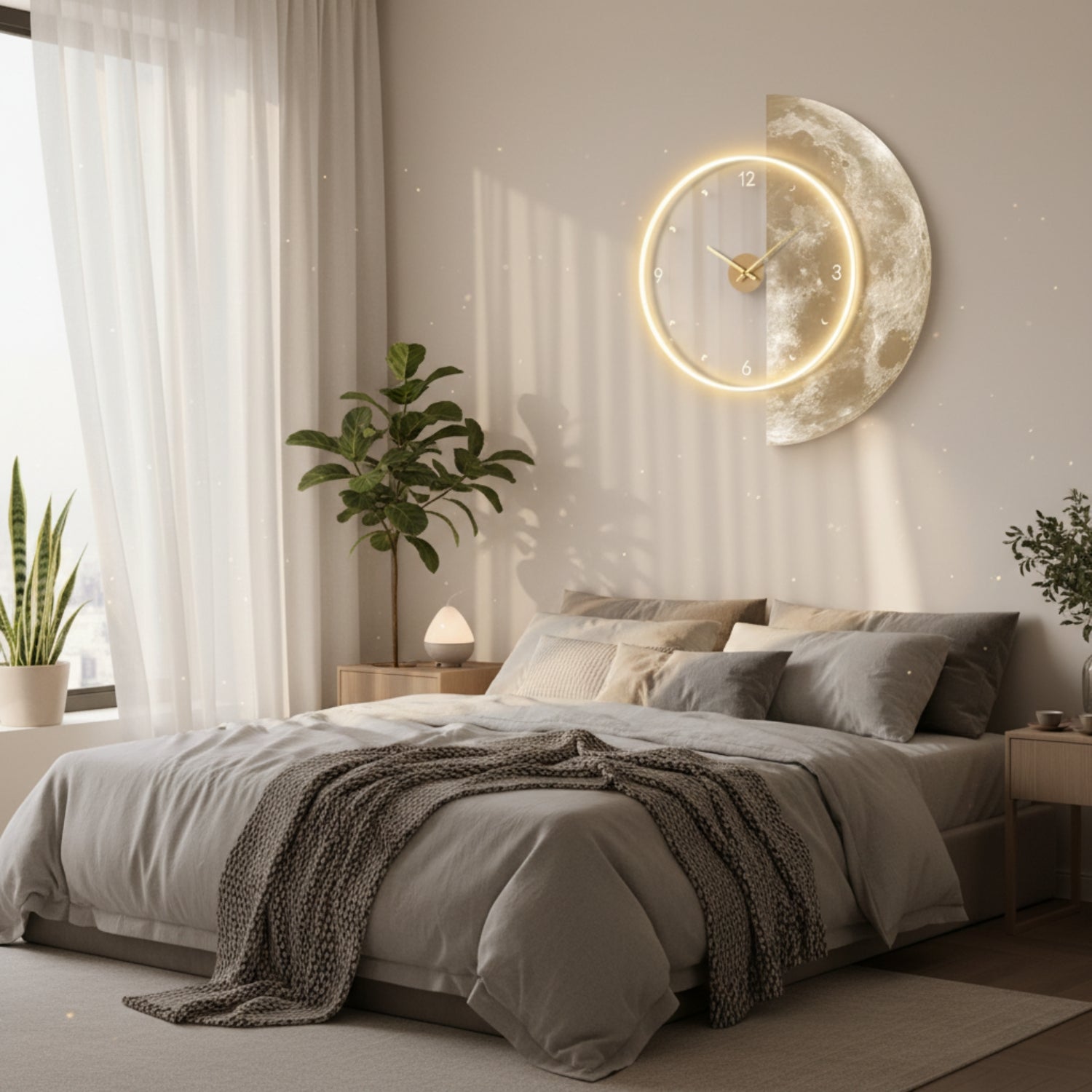 A modern bedroom scene featuring a large wall clock with a glowing circular LED ring and a textured half-moon face. The clock is mounted on a warm beige wall above a neatly made bed with gray and beige bedding and a knitted throw blanket.