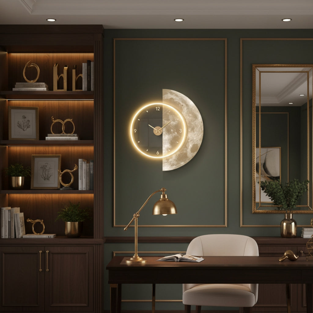 A modern crescent moon wall clock with a glowing gold LED ring and a textured moon face, mounted on a dark green wall in a styled home office setting.