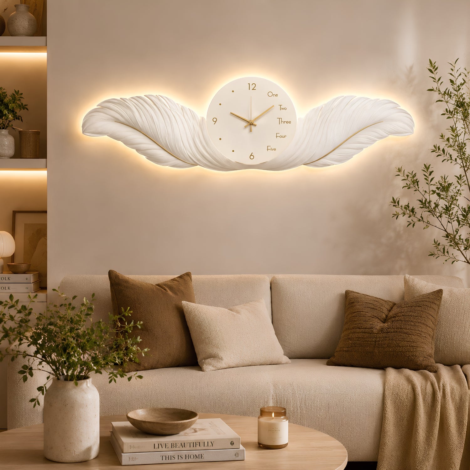 A decorative wall clock mounted above a beige sofa in a styled living room. The clock has a white sculptural leaf-like frame with warm LED lighting around it and a round clock face with gold hands and gold Roman numerals.
