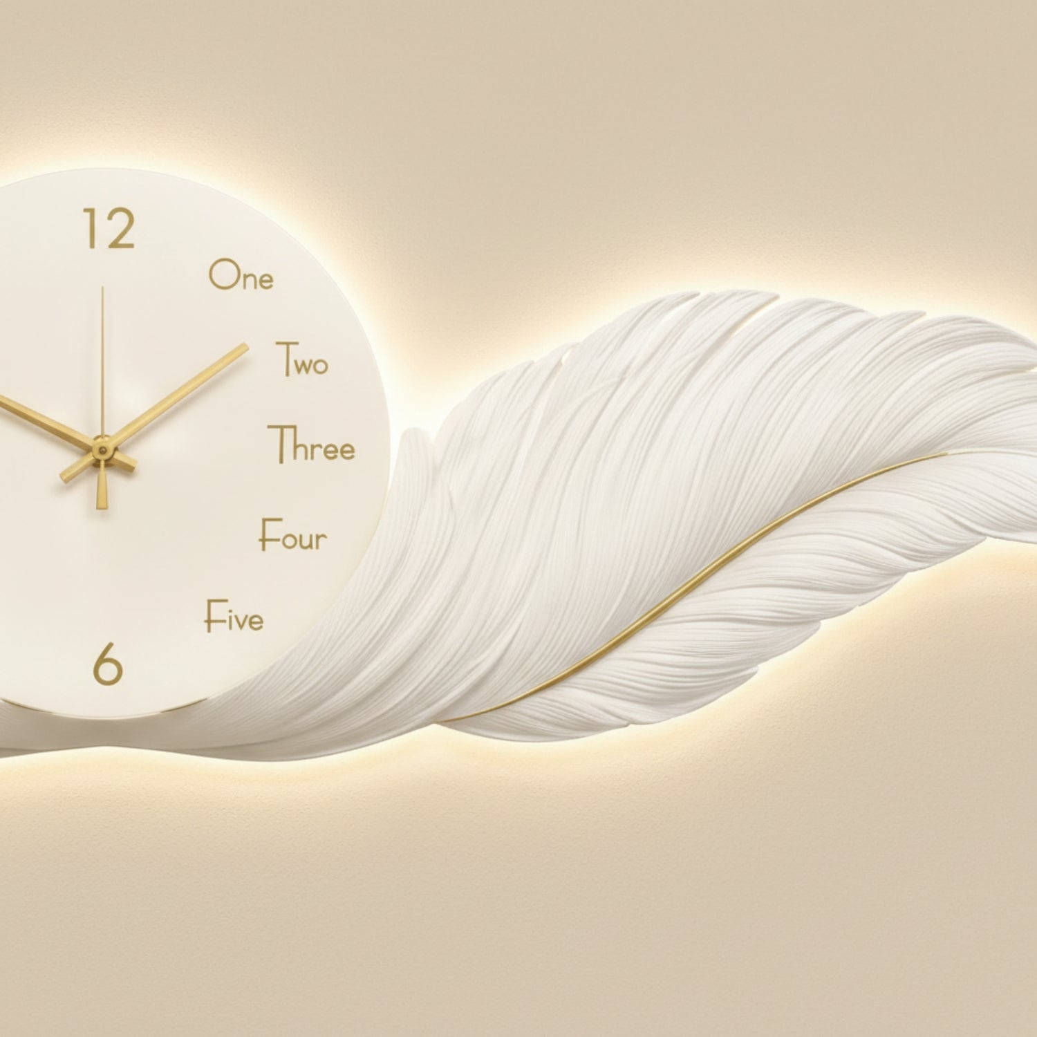 A modern wall clock with a large white feather design and a round white clock face showing gold hands and gold Arabic numerals, set against a warm beige background.