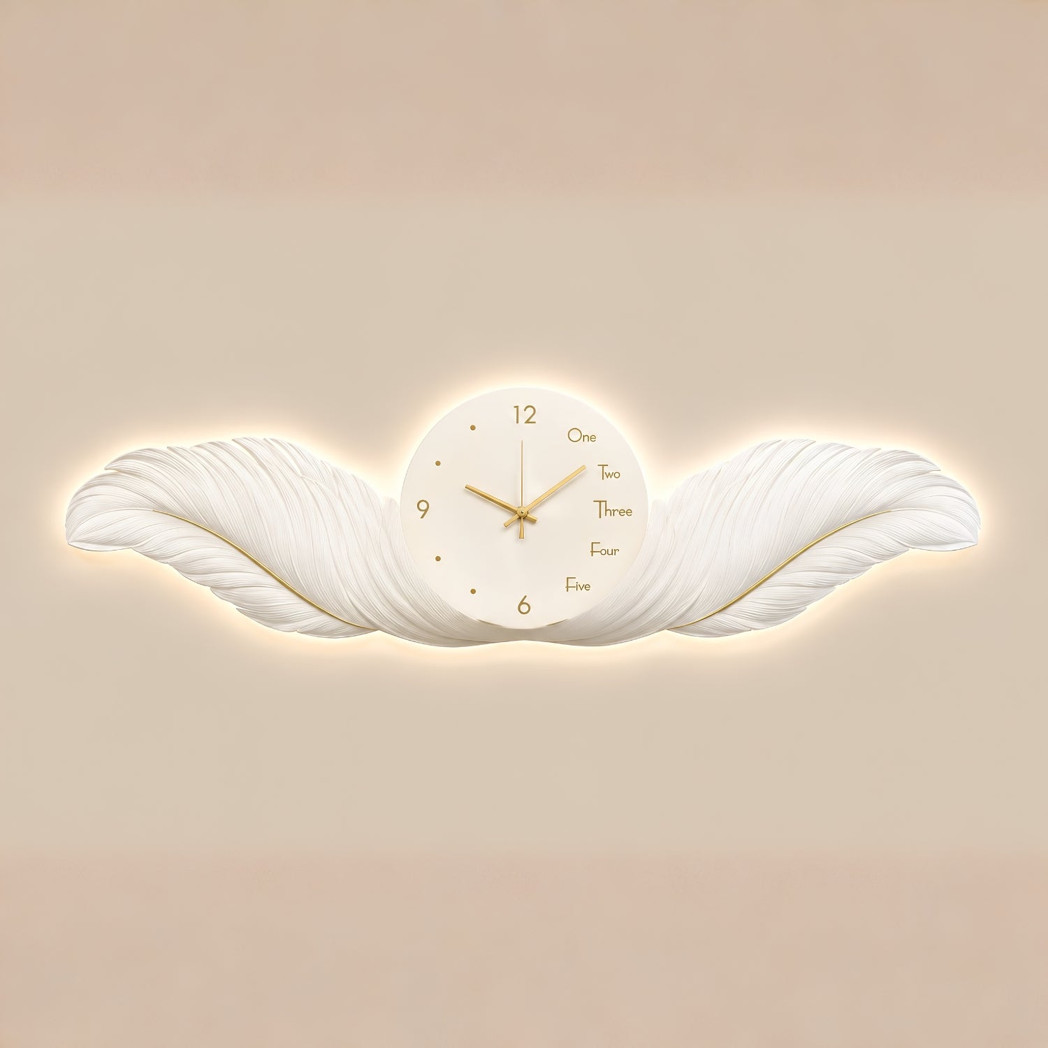 A decorative wall clock shaped like a white wing, with a round white face, gold hands, and gold numerals, shown against a warm beige background.