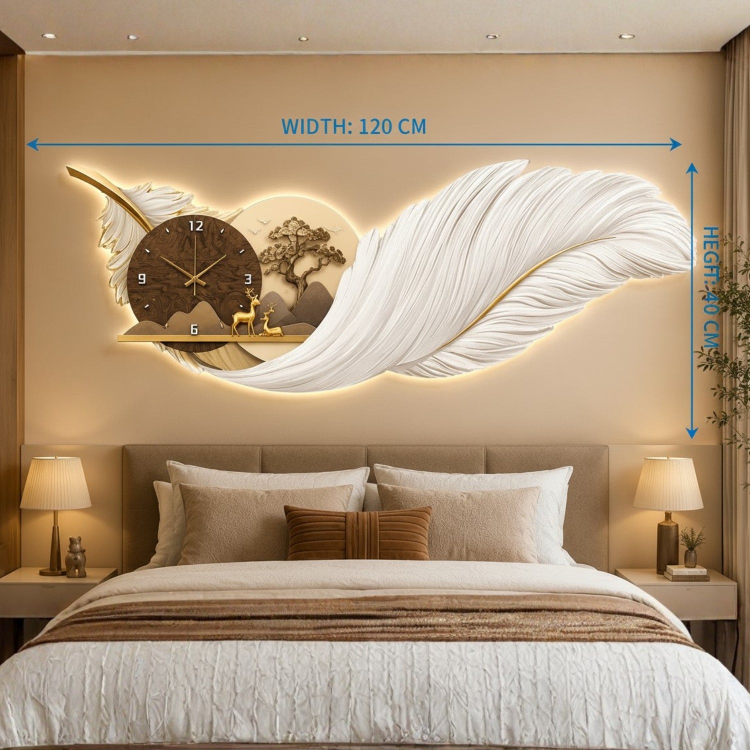 A large decorative wall clock mounted above a bed in a bedroom. The clock is shaped like a white feather with a warm glowing LED backlight and a brown clock face on the left side.