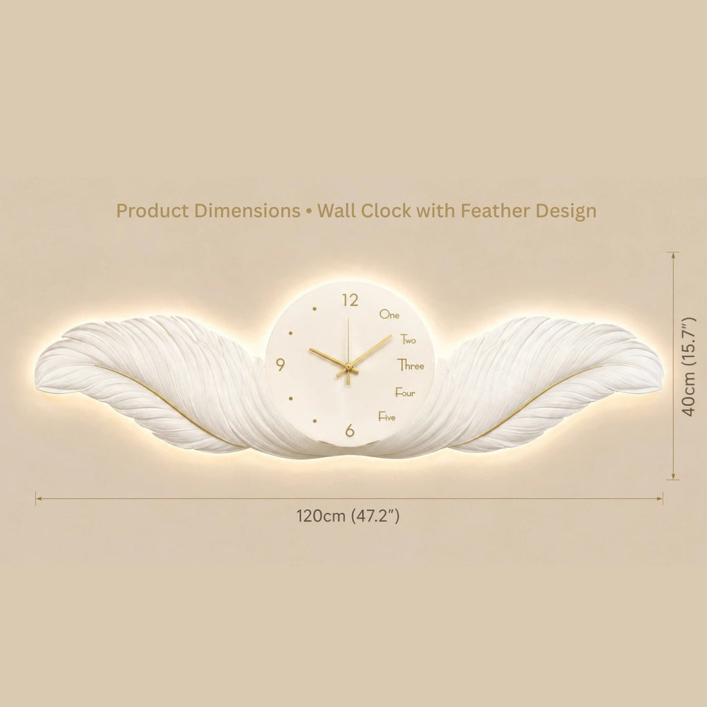 White feather-shaped wall clock with a round clock face and gold hands, shown with dimension labels indicating 120cm width and 40cm height on a beige background.