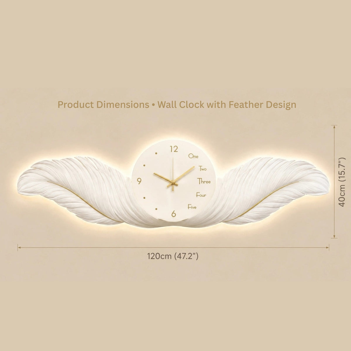 White feather-shaped wall clock with a round clock face and gold hands, shown with dimension labels indicating 120cm width and 40cm height on a beige background.