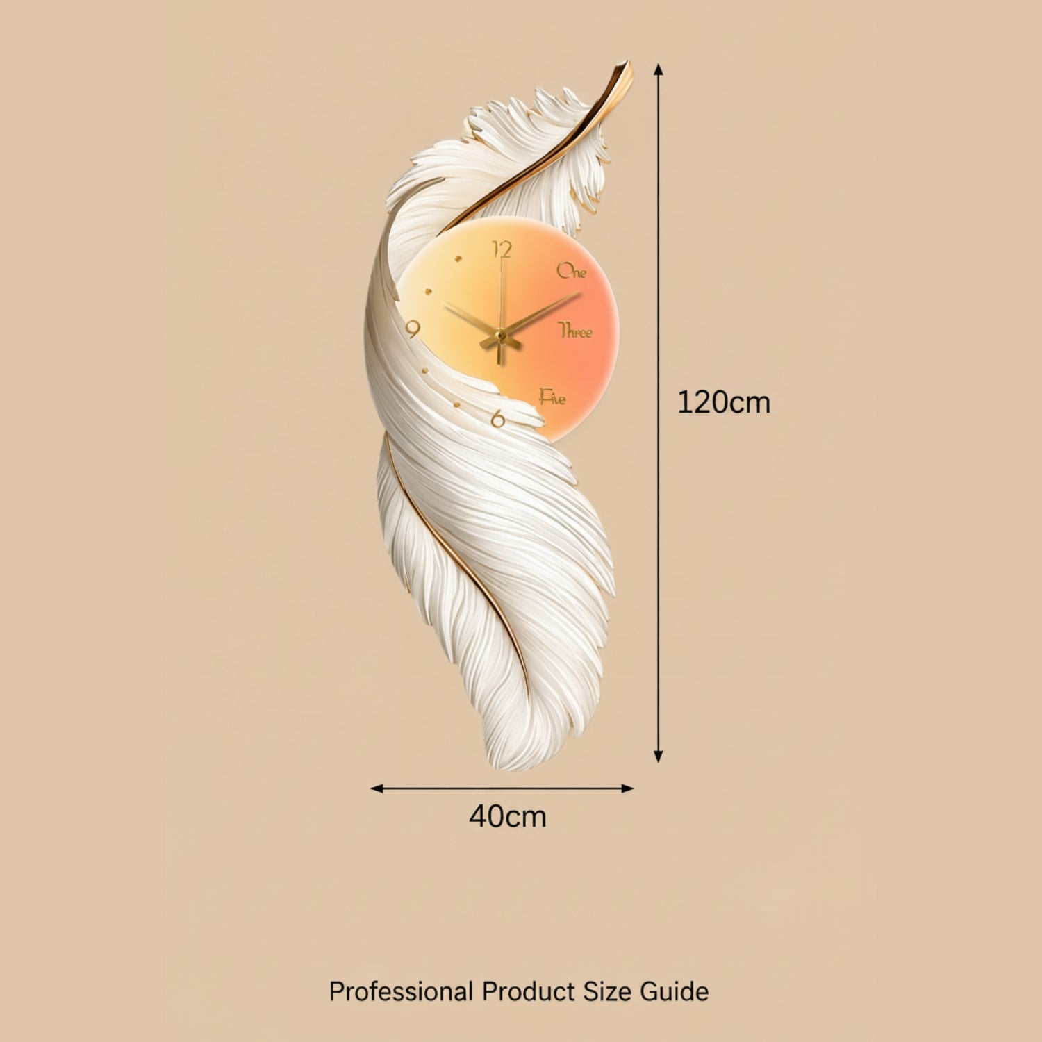 A decorative wall clock shaped like a curled white feather with a circular clock face in warm yellow and orange tones. Black dimension arrows show 120 cm height and 40 cm width, with text reading 'Professional Product Size Guide' below on a beige background.