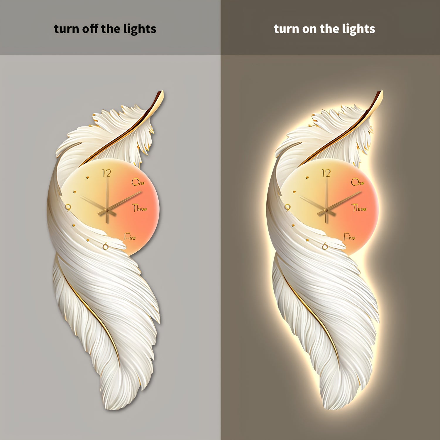 A decorative feather-shaped wall clock shown in a side-by-side comparison: left panel reads 'turn off the lights' with the clock lit only by its internal glow, and right panel reads 'turn on the lights' with the feather emitting a warm white glow around it.