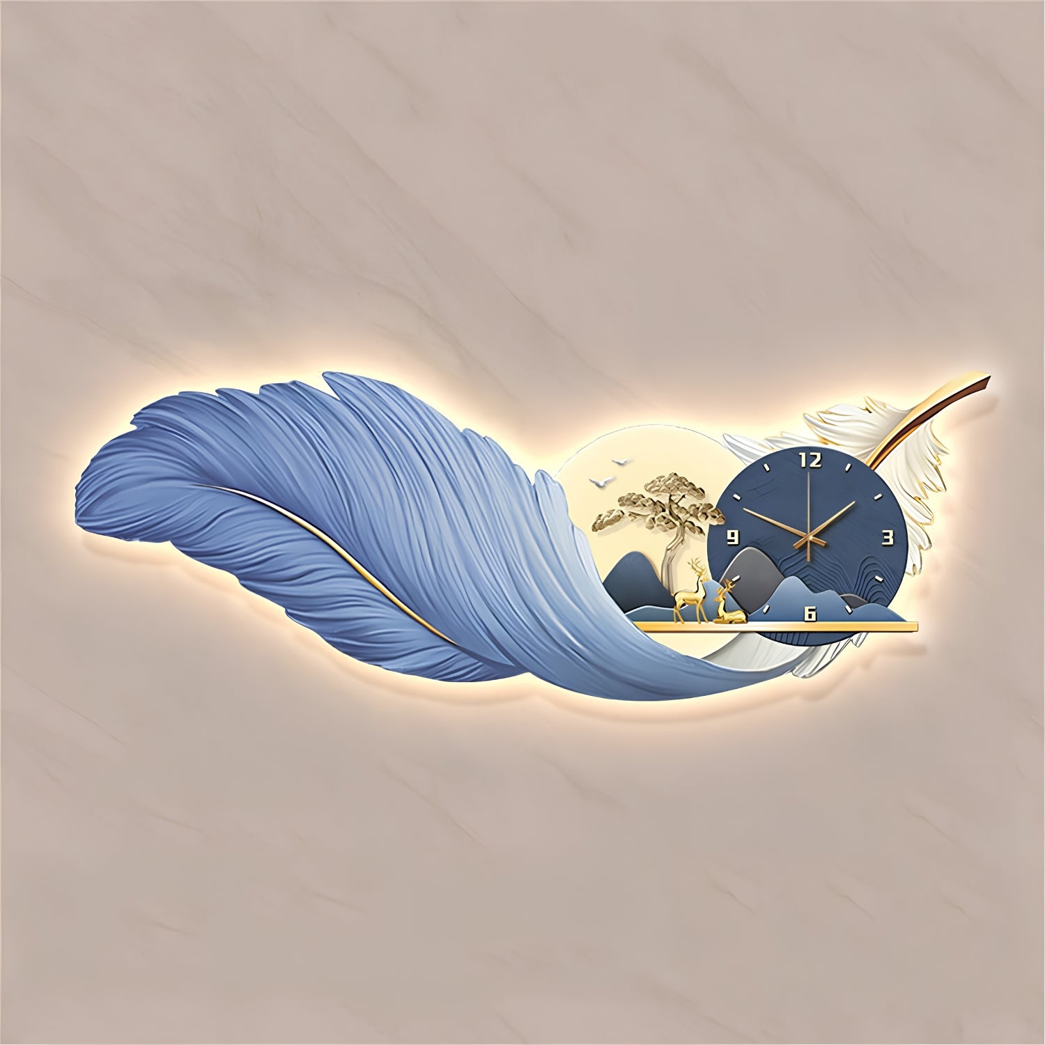 A decorative wall clock styled like a large blue feather with a small landscape scene and clock face integrated into the design, shown against a light beige marble-textured background.