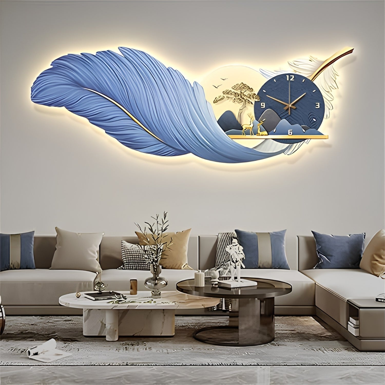 A large decorative wall clock mounted above a modern sofa in a living room. The clock features a stylized blue feather with gold accents and a dark blue circular face showing gold hands and numbers.