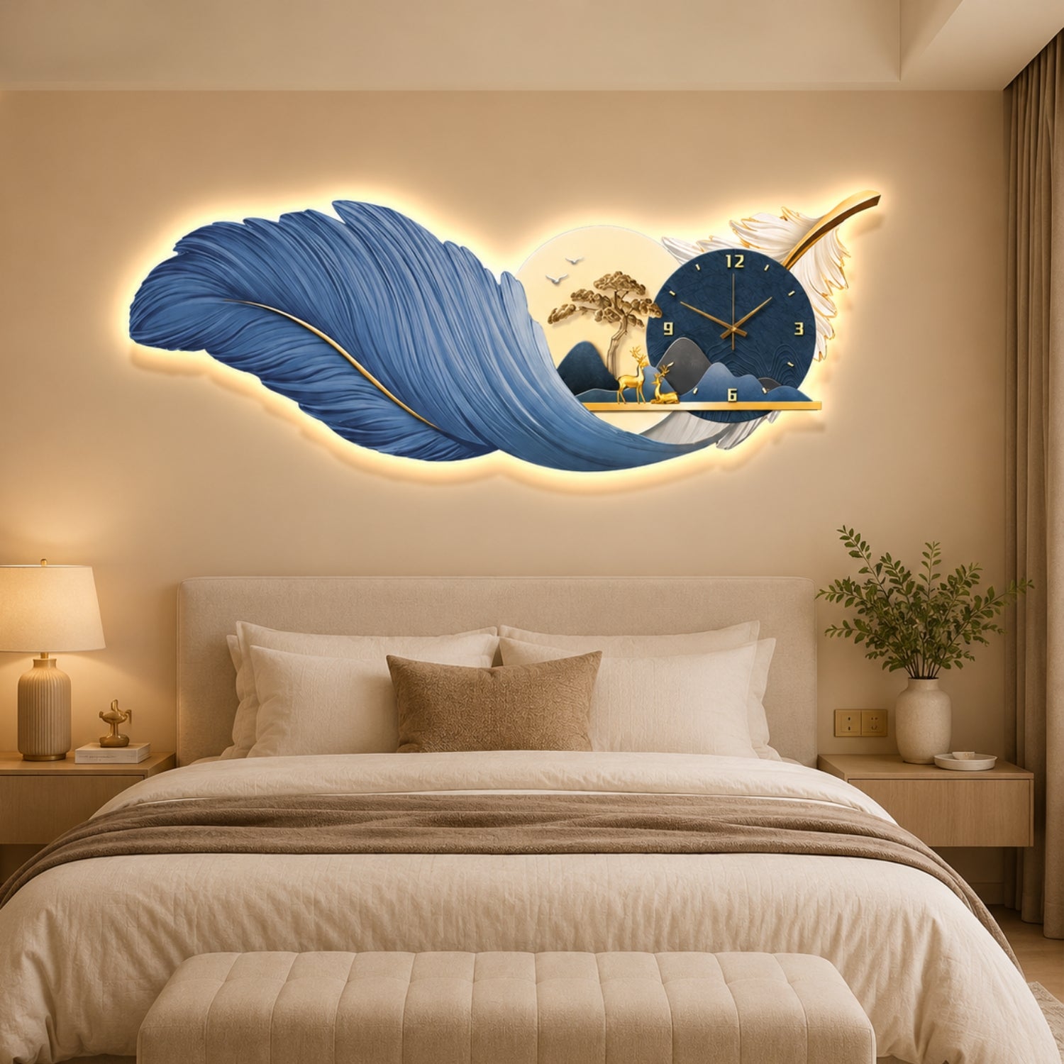 A large decorative wall art piece mounted above a bed in a bedroom. The artwork shows a glowing blue feather with a built-in clock, small trees, birds, and warm light around it.