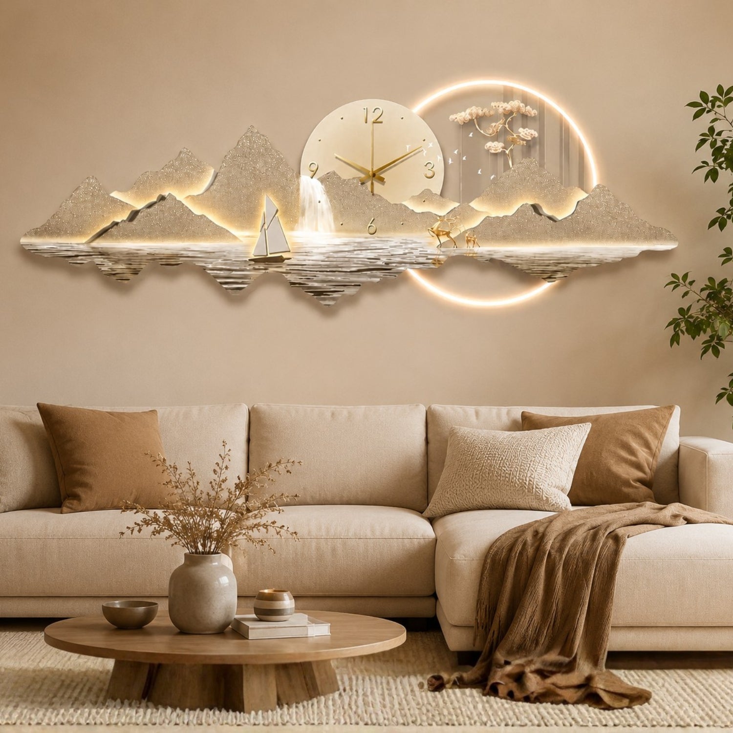A decorative wall clock featuring a glowing illuminated mountain and water scene with a central round clock face, mounted above a beige sofa in a styled living room.