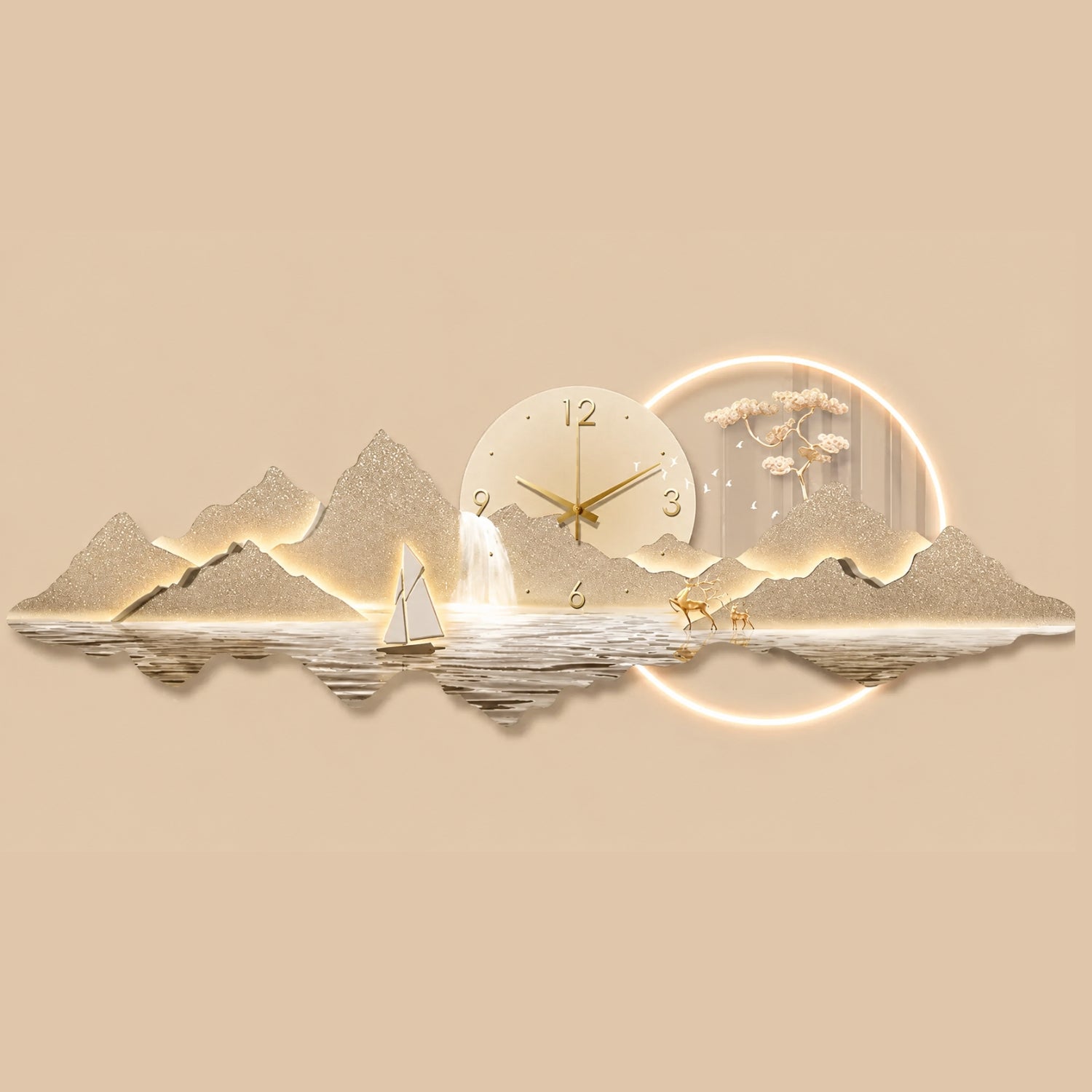 A decorative wall clock styled as a mountain and lake landscape with a glowing circular moon and sun motif. The clock face is cream with gold hands and numerals, set against a matching beige background.