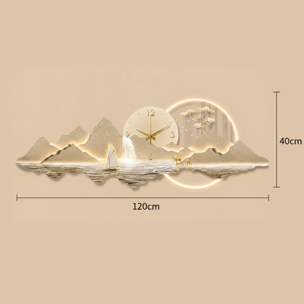 A decorative wall clock with a mountain and water landscape design, shown with dimension labels indicating 120cm width and 40cm height on a plain beige background.