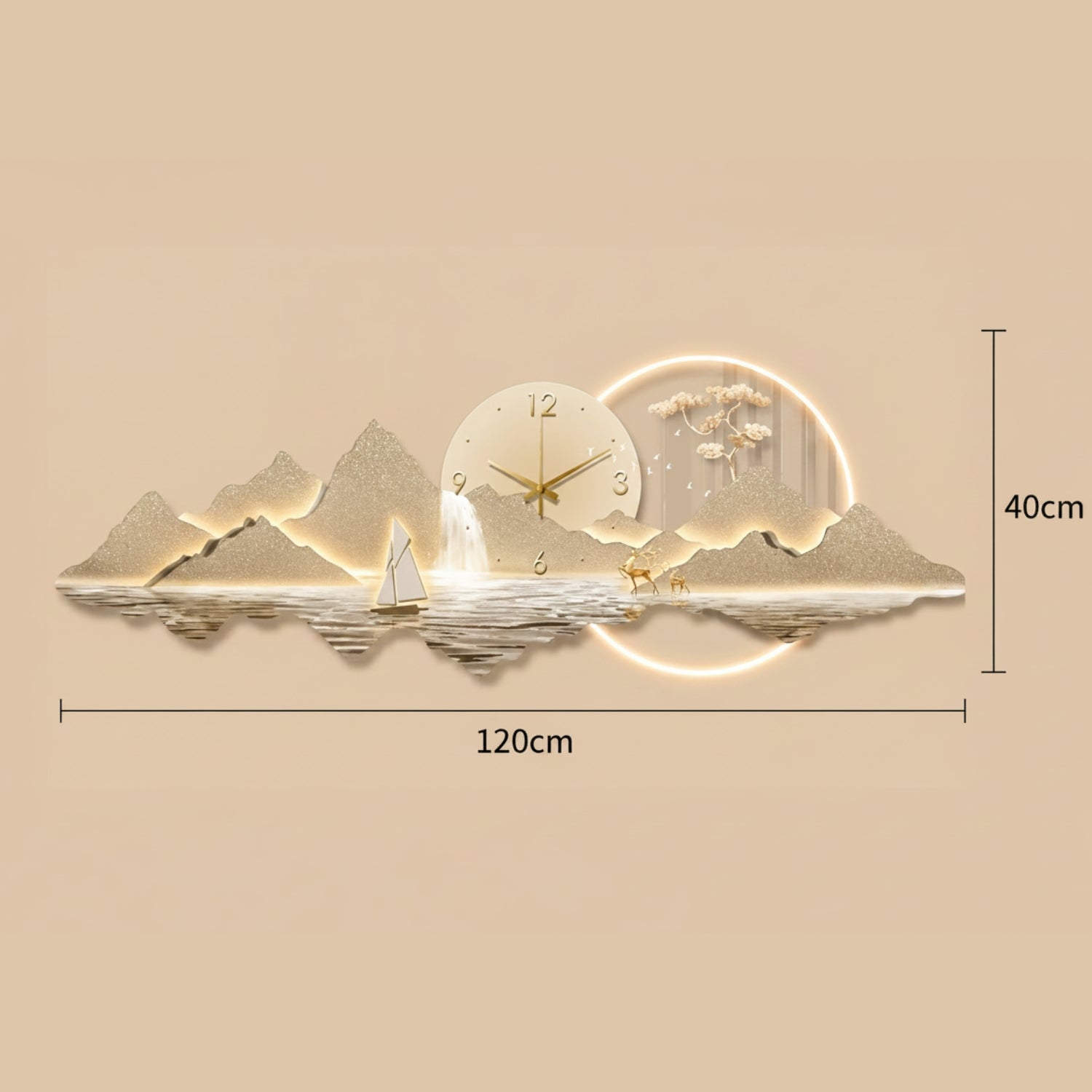 A decorative wall clock with a mountain and water landscape design, shown with dimension labels indicating 120cm width and 40cm height on a plain beige background.