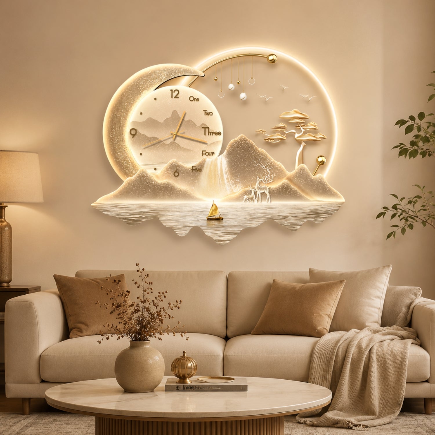 A decorative wall clock mounted above a beige sofa in a living room. The clock features a glowing circular design with a crescent moon, mountains, trees, a deer, and a small boat on the water, illuminated in warm light.