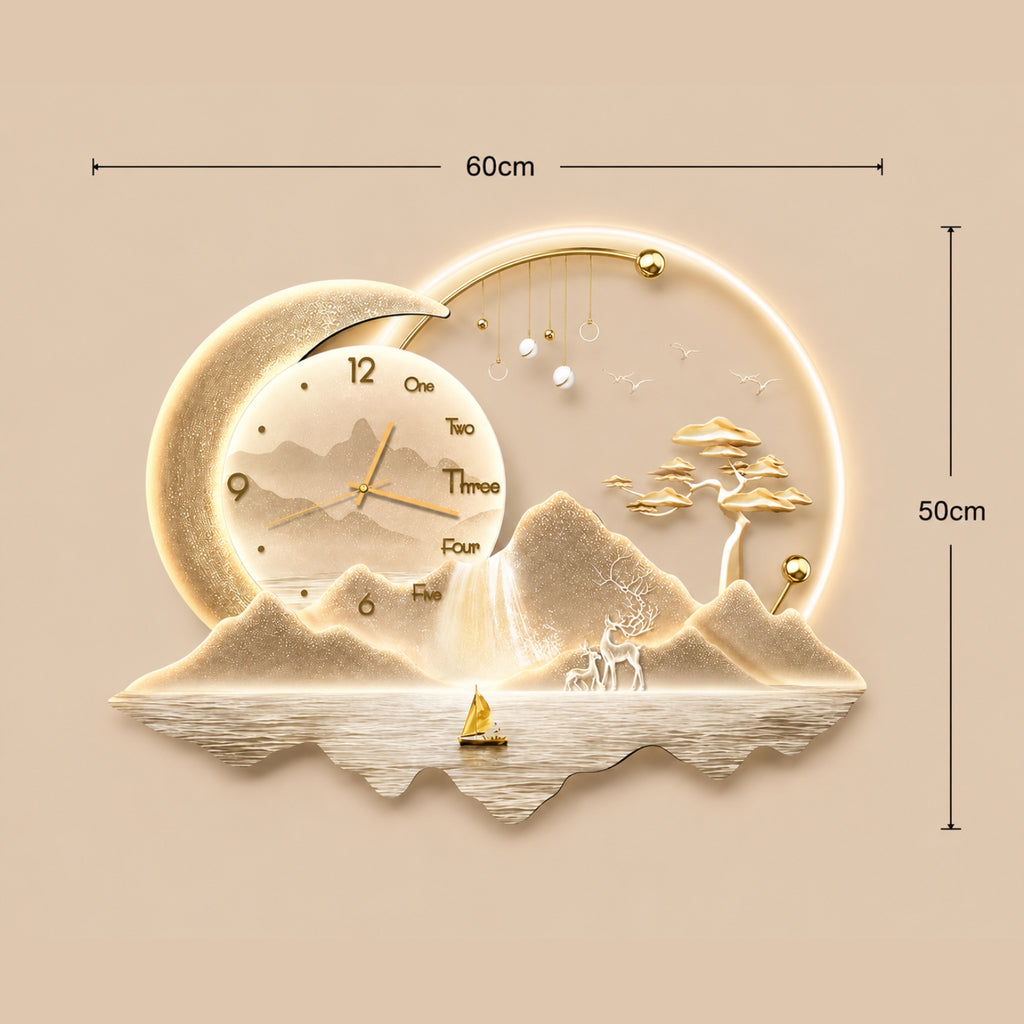 A decorative wall clock with a crescent moon and mountain landscape design, shown with dimension markers indicating 60cm width and 50cm height against a warm beige background.